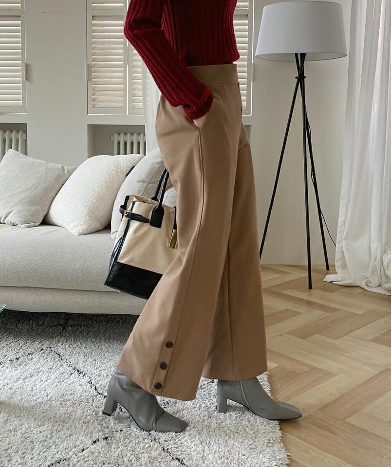 裏起毛フェイクボタンワイドパンツ・全2色・b70907 レディース 【pt】パンツ ズボン ロングパンツ 長ズボン ワイドパンツ 裏起毛 単色 無地 シンプル 大人 ベーシック カジュアル 冬 韓国ファッション ハイホリHIHOLLI