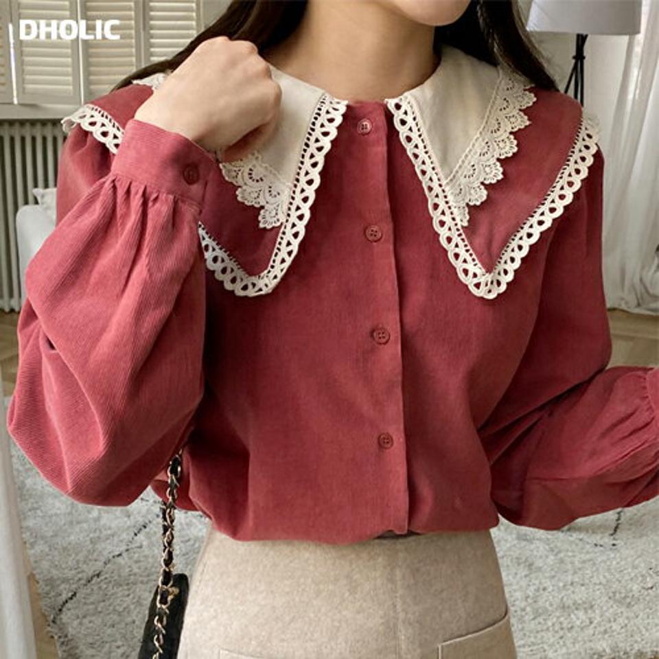 レースカラーコーデュロイブラウス・全3色・t70892 レディース 【bl】トップス ブラウス 長袖 コーデュロイ レース 襟コンシャス ガーリー レトロ 大人 セーラーカラー かわいい 可愛い 秋 冬 韓国ファッション ハイホリHIHOLLI