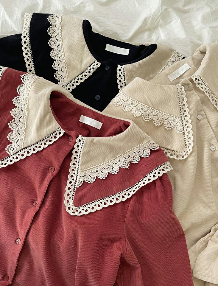 レースカラーコーデュロイブラウス・全3色・t70892 レディース 【bl】トップス ブラウス 長袖 コーデュロイ レース 襟コンシャス ガーリー レトロ 大人 セーラーカラー かわいい 可愛い 秋 冬 韓国ファッション ハイホリHIHOLLI