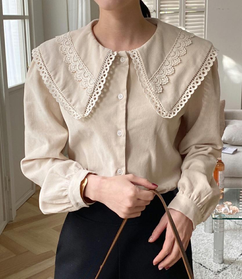 レースカラーコーデュロイブラウス・全3色・t70892 レディース 【bl】トップス ブラウス 長袖 コーデュロイ レース 襟コンシャス ガーリー レトロ 大人 セーラーカラー かわいい 可愛い 秋 冬 韓国ファッション ハイホリHIHOLLI