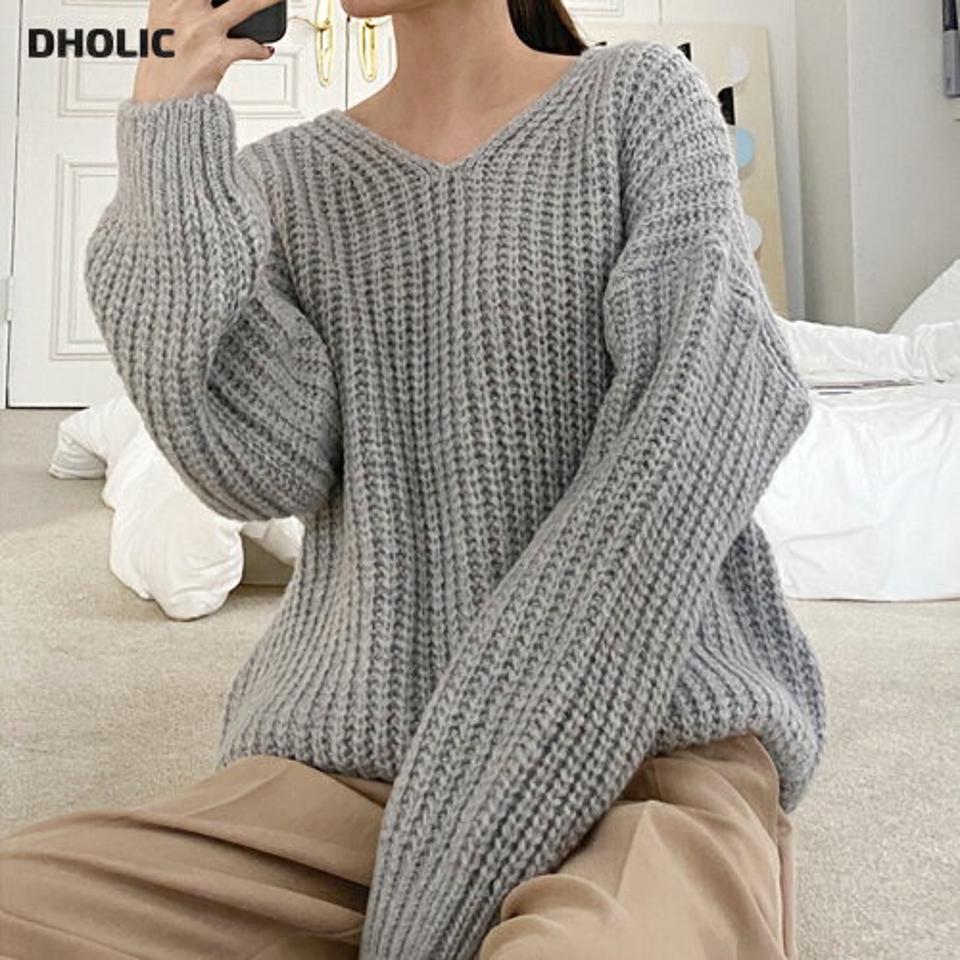 Vネック長袖ルーズニット・全5色・t70893 レディース 【tops】トップス ニット 長袖 ルーズ ゆったり Vネック 単色 シンプル カジュアル ラフ リブ ドロップショルダー デコルテ 鎖骨 秋 冬 韓国ファッション ハイホリHIHOLLI
