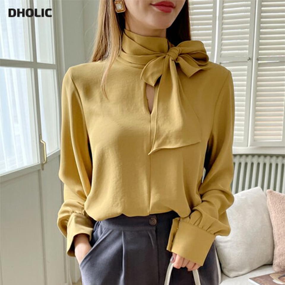 即日配送 スリットボウタイブラウス・全3色・t70888 レディース 【bl】トップス ブラウス 長袖 ボウタイ 単色 無地 シンプル スリット 大人 きれいめ ユニーク モダン 襟コン 個性的 秋 冬 韓国ファッション ハイホリHIHOLLI