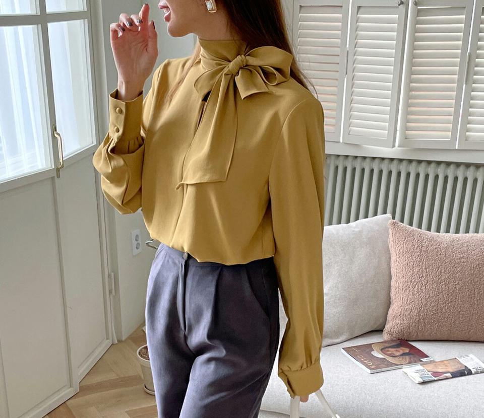即日配送 スリットボウタイブラウス・全3色・t70888 レディース 【bl】トップス ブラウス 長袖 ボウタイ 単色 無地 シンプル スリット 大人 きれいめ ユニーク モダン 襟コン 個性的 秋 冬 韓国ファッション ハイホリHIHOLLI