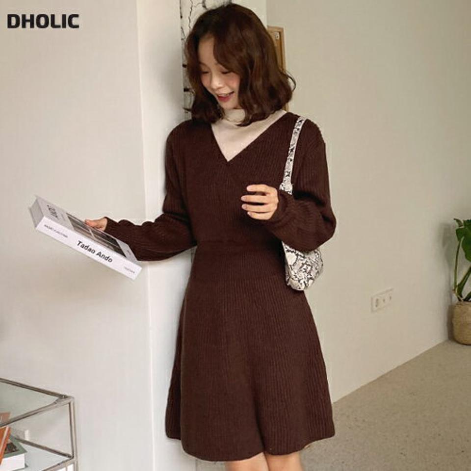 カシュクールニットワンピース・全2色・t65766 レディース 【ops】韓国ファッション ワンピース ミニ ミニワンピース 長袖 Vネック カシュクール ニットワンピース ラップ風 Aライン 大人 ミニ丈 シンプル フェミニン 体型カバー 秋 冬