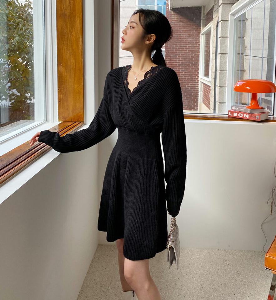 カシュクールニットワンピース・全2色・t65766 レディース 【ops】韓国ファッション ワンピース ミニ ミニワンピース 長袖 Vネック カシュクール ニットワンピース ラップ風 Aライン 大人 ミニ丈 シンプル フェミニン 体型カバー 秋 冬