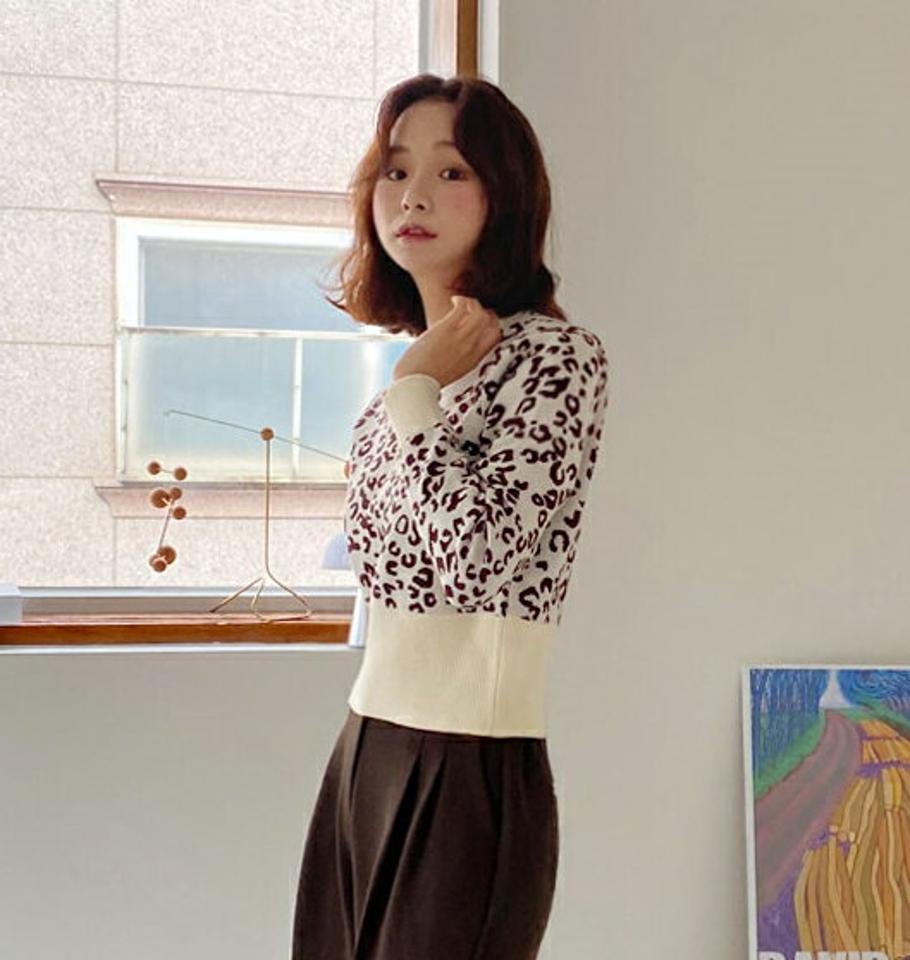 レオパードクロップドニット・全2色・b65759 レディース 【tops】韓国ファッション トップス ニット 大人 長袖 ラウンドネック レオパード ヒョウ柄 柄ニット クロップド丈 フェミニン カジュアル デイリー 秋 冬