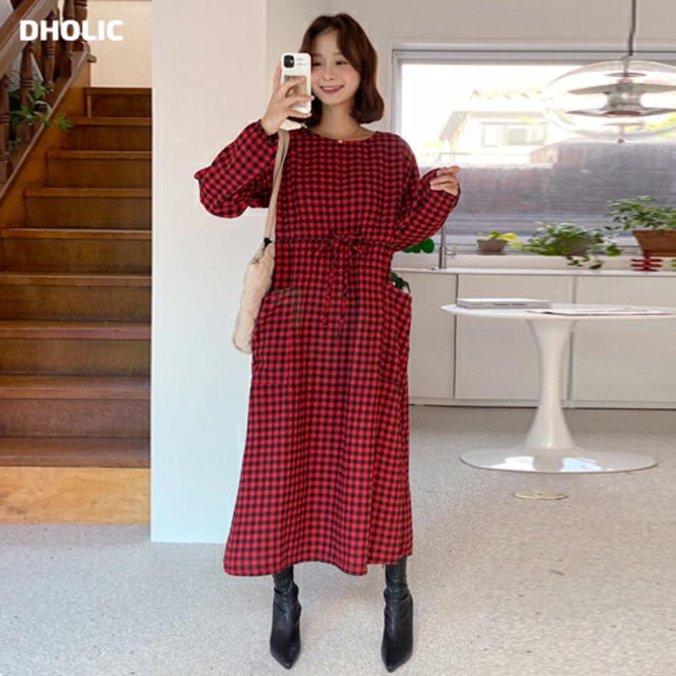 ピーチ起毛チェックワンピース・全3色・b65764 レディース 【ops】韓国ファッション ワンピース ロング ロングワンピース 長袖 ラウンドネック ワンマイルウェア ピーチ起毛 チェック ロング丈 シンプル 体型カバー フェミニン ガーリー 秋 冬