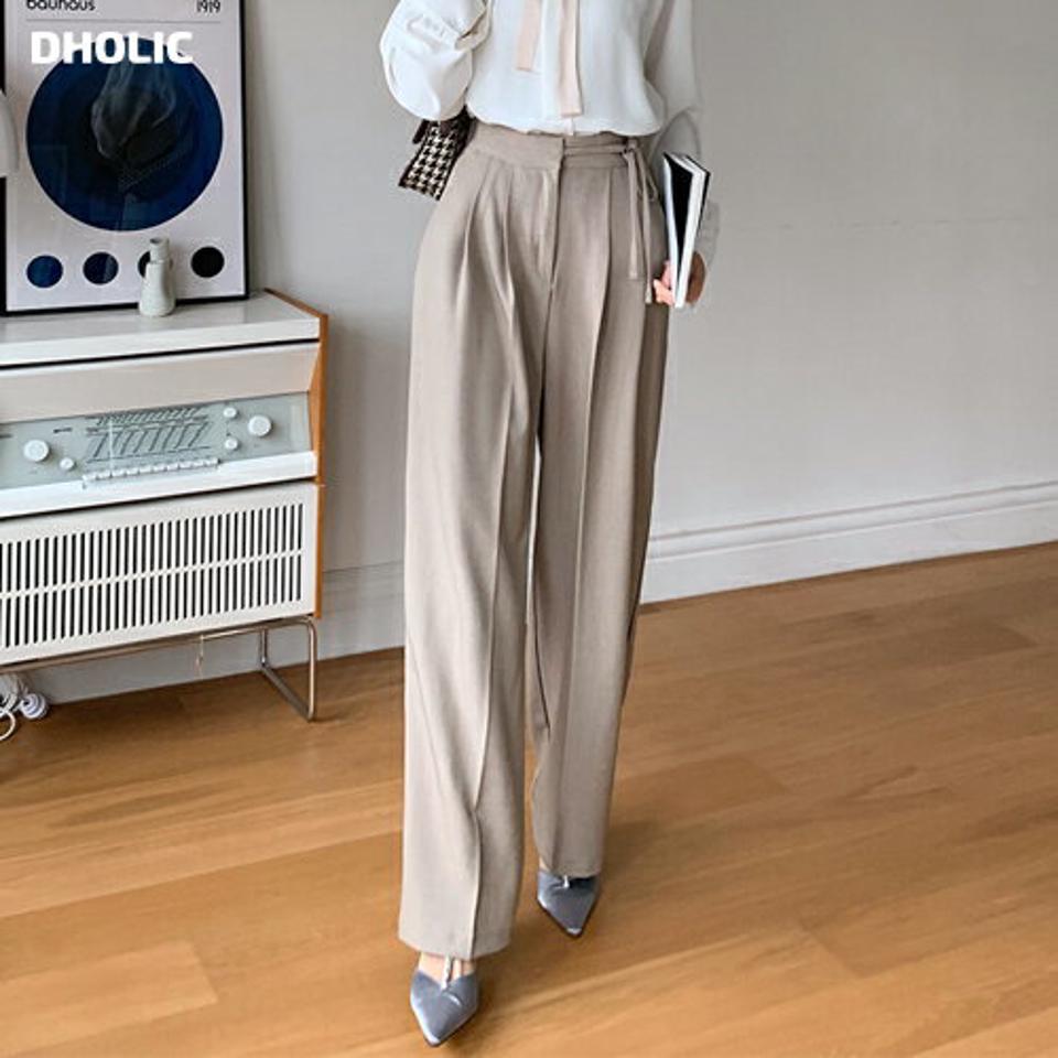 ストラップワイドスラックスパンツ・全3色・t00284 レディース 【pt】スラックス パンツ ズボン ロングパンツ 長ズボン ワイドパンツ ストラップ 単色 無地 シンプル ベーシック 大人 オフィスカジュアル ツータック 秋 冬 韓国ファッション ハイホリHIHOLLI