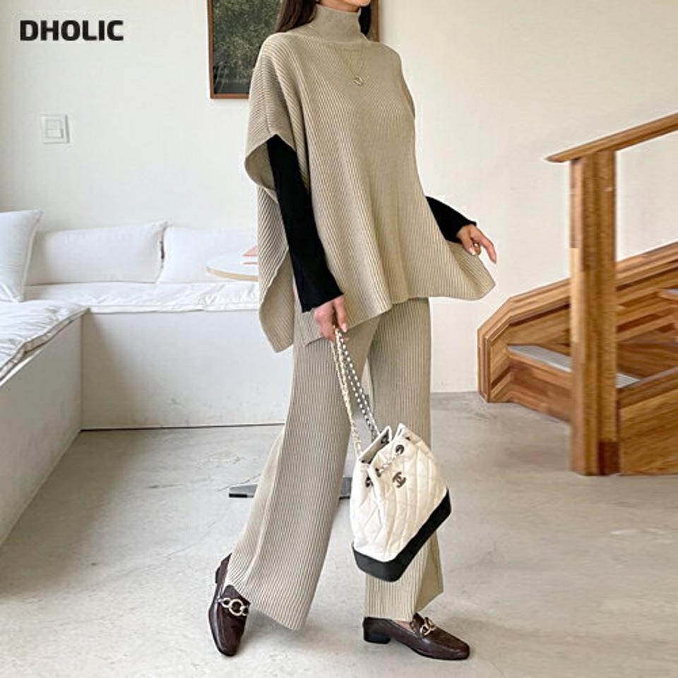 ハイネックニットベスト&リブパンツSET・全2色・b63146 レディース 【pt】韓国ファッション ボトムス ロング ロングパンツ ベスト セットアップ リブ 長袖 ハイネック ニット ロング丈 無地 シンプル 体型カバー フェミニン カジュアル 秋 冬