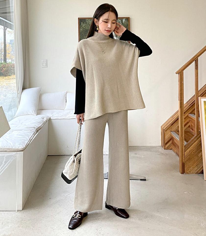 ハイネックニットベスト&リブパンツSET・全2色・b63146 レディース 【pt】韓国ファッション ボトムス ロング ロングパンツ ベスト セットアップ リブ 長袖 ハイネック ニット ロング丈 無地 シンプル 体型カバー フェミニン カジュアル 秋 冬