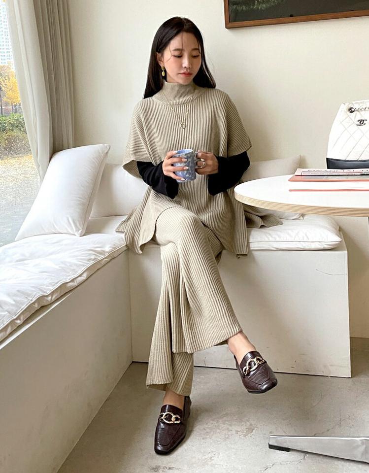 ハイネックニットベスト&リブパンツSET・全2色・b63146 レディース 【pt】韓国ファッション ボトムス ロング ロングパンツ ベスト セットアップ リブ 長袖 ハイネック ニット ロング丈 無地 シンプル 体型カバー フェミニン カジュアル 秋 冬