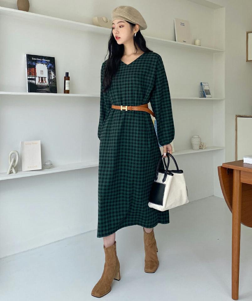 チェックVネックワンピース・全2色・b63127 レディース 【ops】韓国ファッション ワンピース ロング ロングワンピース 長袖 Vネック チェック ストレート ワンマイルウェア スリット ロング丈 ルーズ シンプル 体型カバー フェミニン 秋 冬