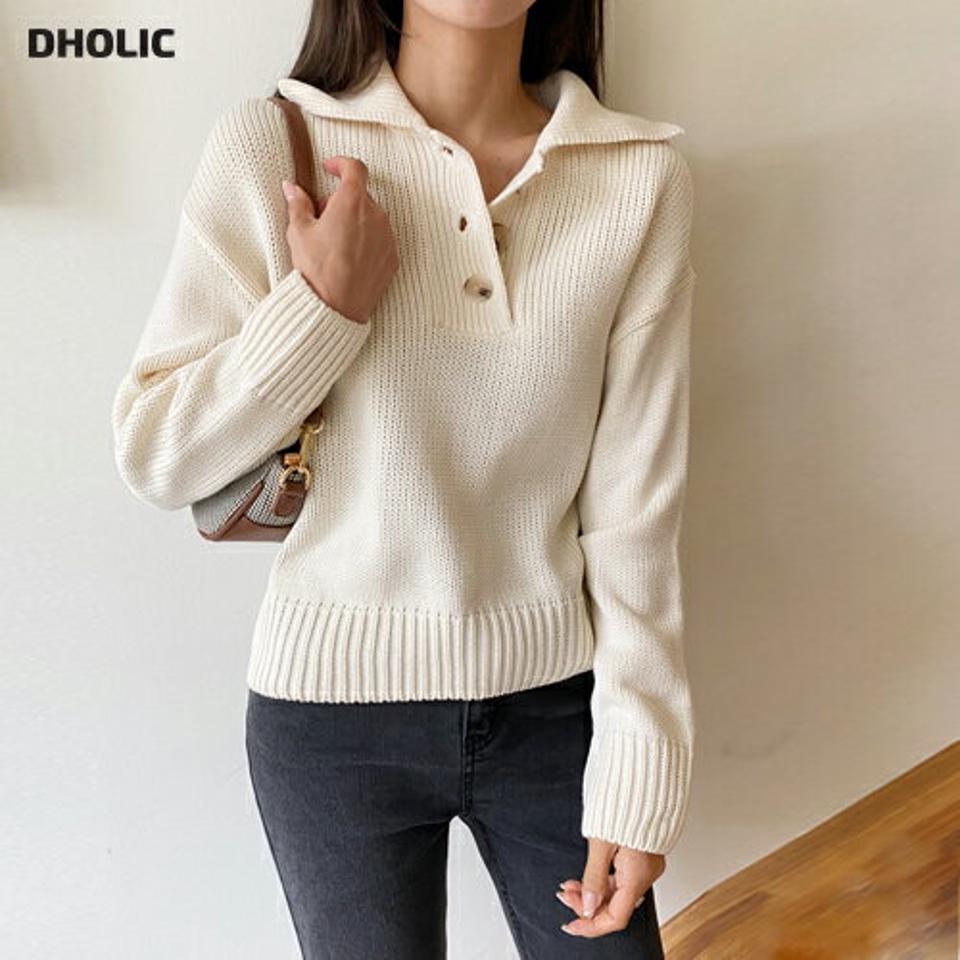 ハーフボタンカラーニット・全5色・t63129 レディース 【tops】韓国ファッション トップス ニット 大人 長袖 カラーネック ハーフボタン ポロ襟 ドロップショルダー 無地 シンプル 体型カバー フェミニン デイリー 秋 冬