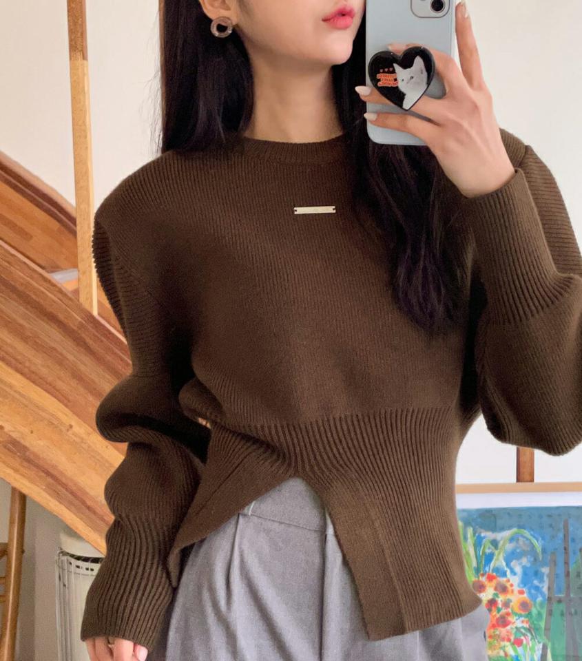 スティックモチーフパフスリットニット・全4色・t63157 レディース 【tops】韓国ファッション トップス ニット 大人 長袖 ラウンドネック スティック パフ スリット カラーニット ウール混 無地 シンプル 体型カバー ルーズ フェミニン 秋 冬