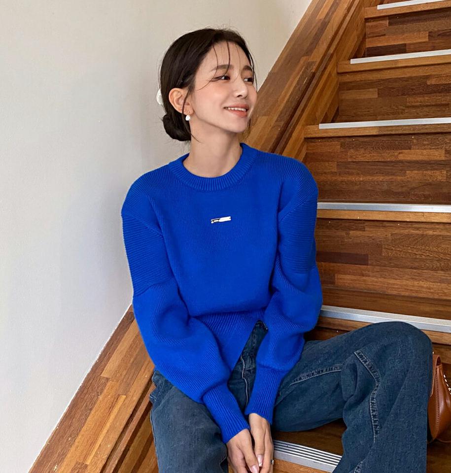 スティックモチーフパフスリットニット・全4色・t63157 レディース 【tops】韓国ファッション トップス ニット 大人 長袖 ラウンドネック スティック パフ スリット カラーニット ウール混 無地 シンプル 体型カバー ルーズ フェミニン 秋 冬