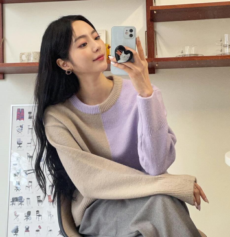 コントラストラウンドニット・全3色・t63163 レディース 【tops】韓国ファッション トップス ニット 大人 長袖 ラウンドネック コントラスト 配色 ドロップショルダー ユニーク シンプル 体型カバー ルーズ フェミニン 秋 冬