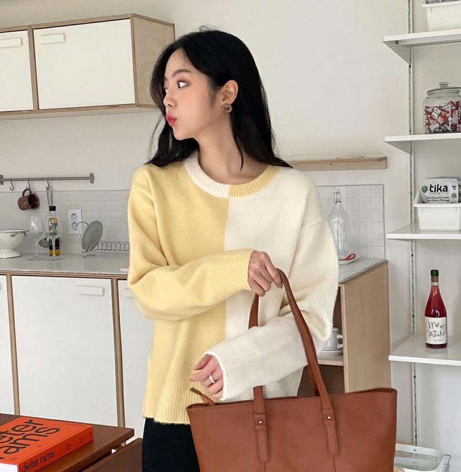 コントラストラウンドニット・全3色・t63163 レディース 【tops】韓国ファッション トップス ニット 大人 長袖 ラウンドネック コントラスト 配色 ドロップショルダー ユニーク シンプル 体型カバー ルーズ フェミニン 秋 冬