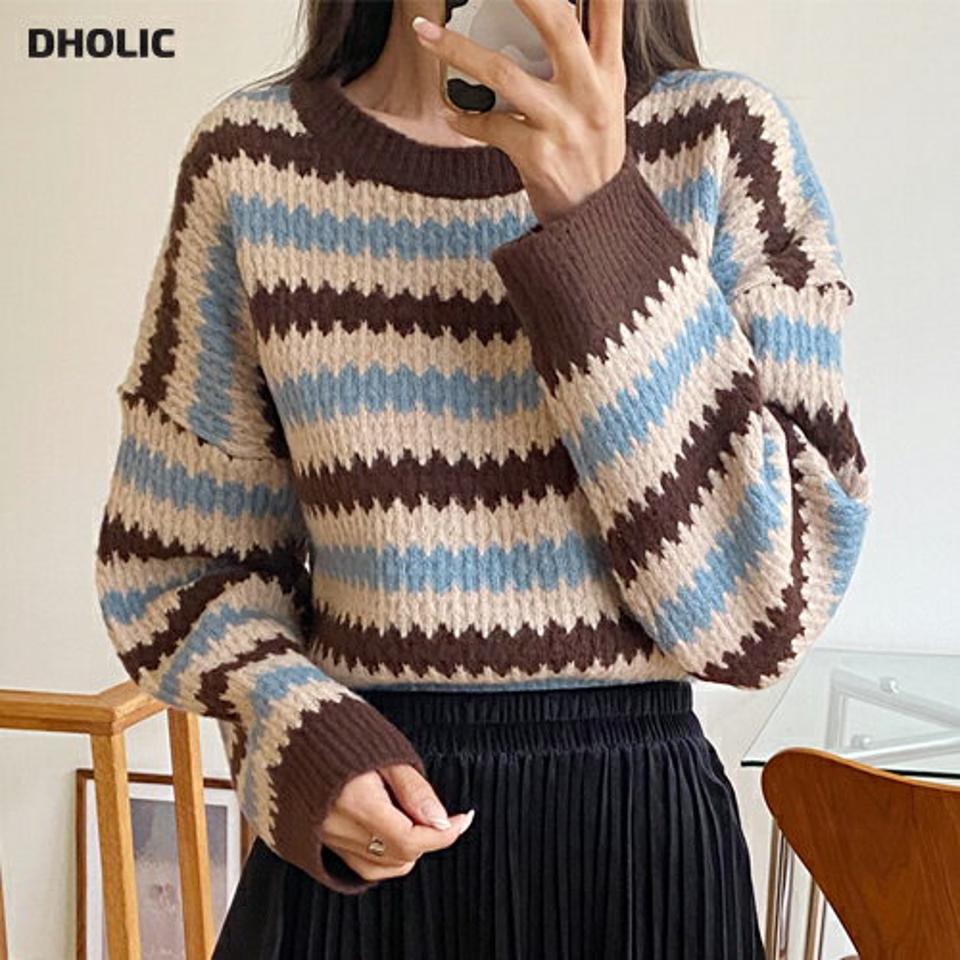 ビンテージ風ボーダーラウンドニット・全4色・t63158 レディース 【tops】韓国ファッション トップス ニット 大人 長袖 ラウンドネック ボーダー柄 カジュアル 柄ニット ドロップショルダー 配色 シンプル 体型カバー ルーズ フェミニン 秋 冬