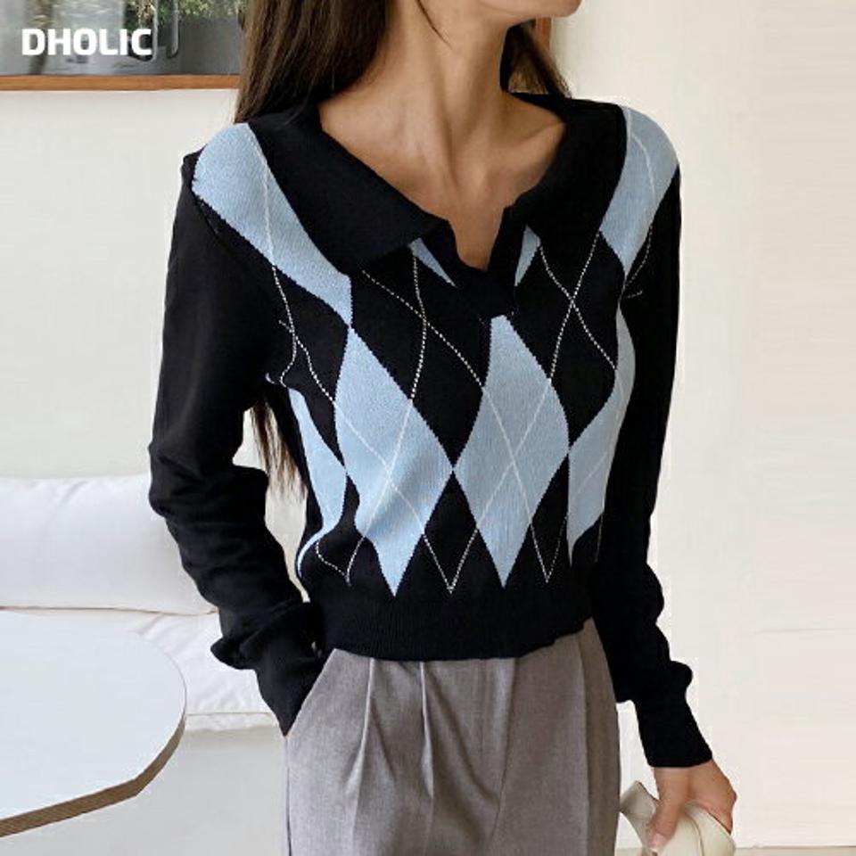 【秋セール】アーガイルパターンカラーニット・全2色・b63154 レディース 【tops】韓国ファッション トップス 大人 長袖 オープンカラー ポロ襟 アーガイル アーガイルニット アーガイル柄 柄ニット スリット シンプル スリム フェミニン 秋 冬 年上