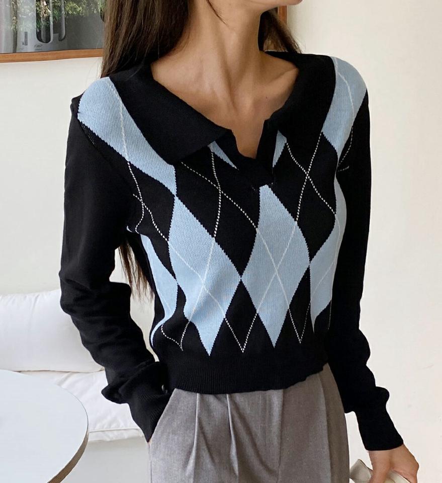【秋セール】アーガイルパターンカラーニット・全2色・b63154 レディース 【tops】韓国ファッション トップス 大人 長袖 オープンカラー ポロ襟 アーガイル アーガイルニット アーガイル柄 柄ニット スリット シンプル スリム フェミニン 秋 冬 年上