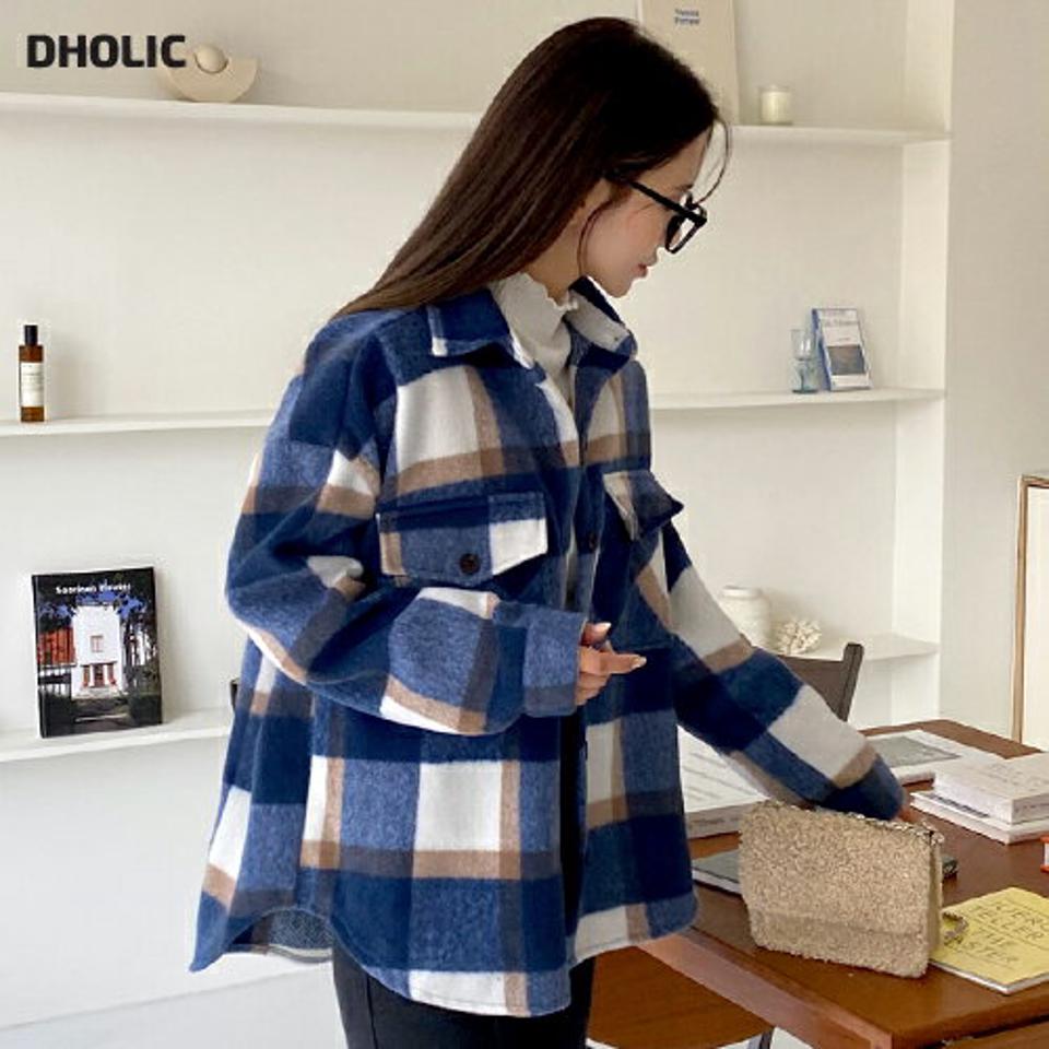 ウール混チェックシャツ・全2色・t63155 レディース 【bl】韓国ファッション トップス シャツ 長袖 カラーネック ウール混 チェック アンバランス シンプル ボタン ポケット カジュアル ルーズ 体型カバー ガーリー 秋 冬