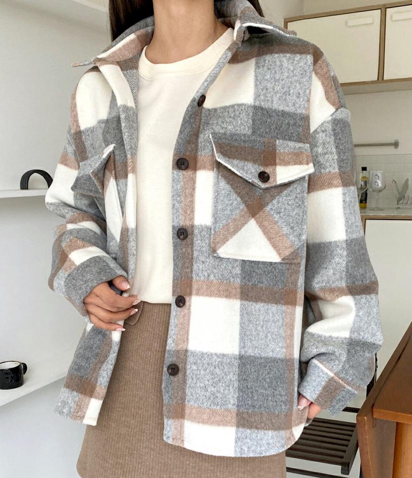 ウール混チェックシャツ・全2色・t63155 レディース 【bl】韓国ファッション トップス シャツ 長袖 カラーネック ウール混 チェック アンバランス シンプル ボタン ポケット カジュアル ルーズ 体型カバー ガーリー 秋 冬