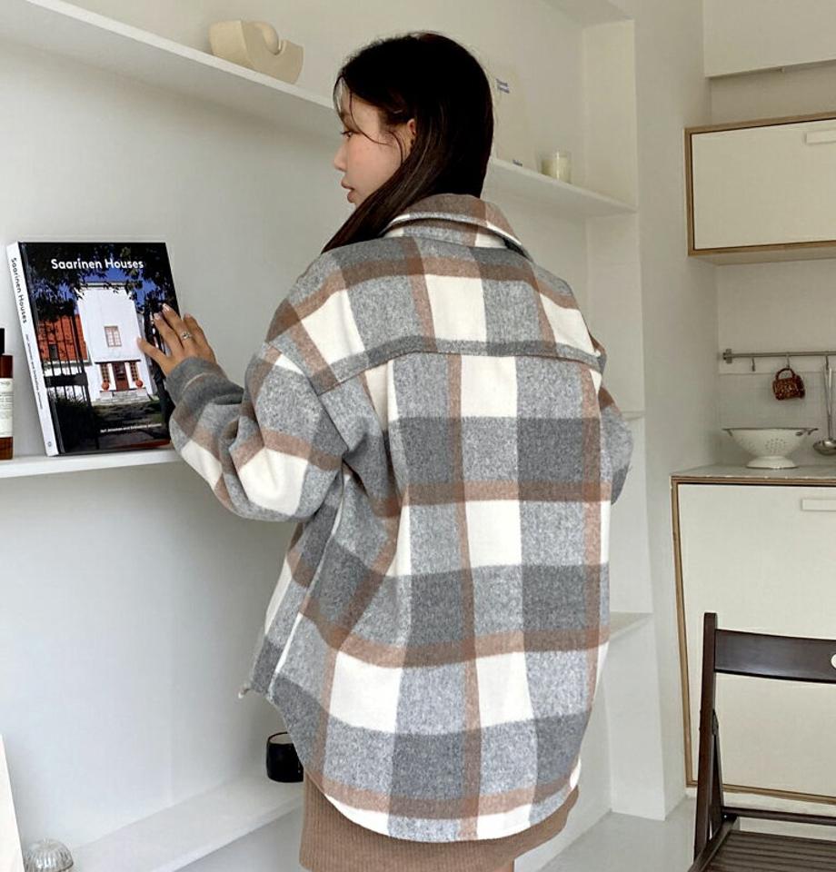 ウール混チェックシャツ・全2色・t63155 レディース 【bl】韓国ファッション トップス シャツ 長袖 カラーネック ウール混 チェック アンバランス シンプル ボタン ポケット カジュアル ルーズ 体型カバー ガーリー 秋 冬