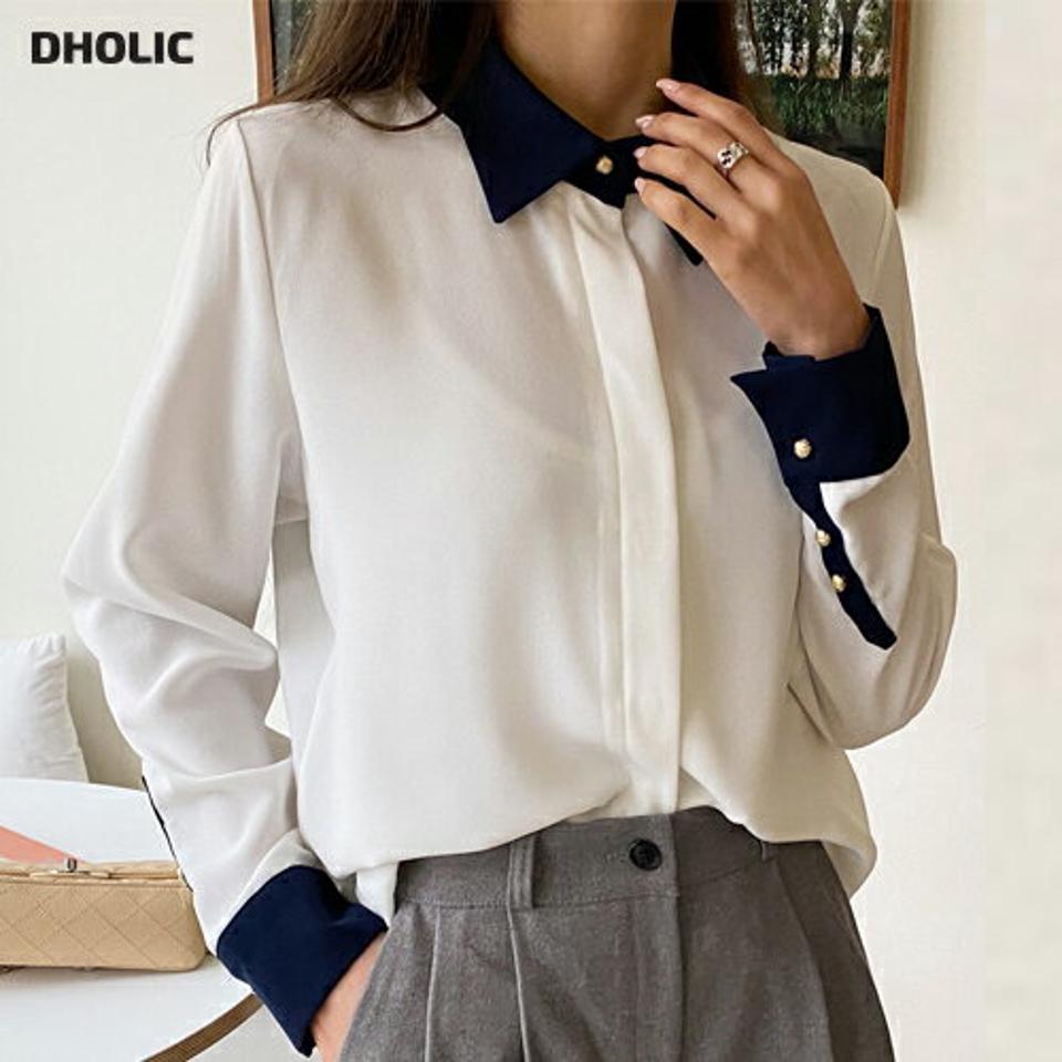 【マラソン特価】配色カラーネックブラウス・全3色・t63136 レディース 【bl】韓国ファッション トップス ブラウス 長袖 カラーネック プリーツ カフス フェミニン 配色 シフォン メリハリ ボタン シンプル ガーリー カジュアル 秋 冬 セール