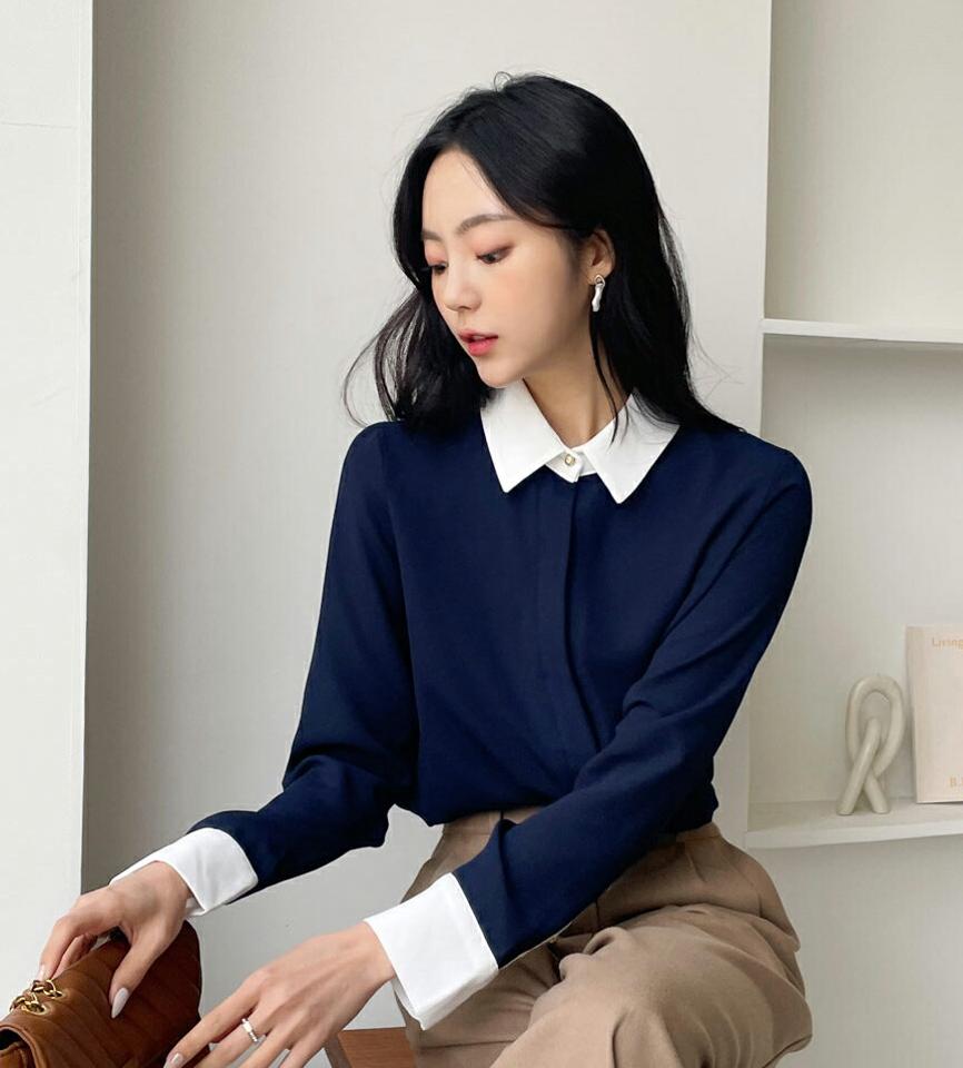 【マラソン特価】配色カラーネックブラウス・全3色・t63136 レディース 【bl】韓国ファッション トップス ブラウス 長袖 カラーネック プリーツ カフス フェミニン 配色 シフォン メリハリ ボタン シンプル ガーリー カジュアル 秋 冬 セール