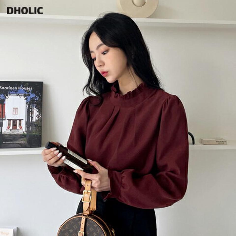 フリルハーフネックブラウス・全3色・t63159 レディース 【bl】韓国ファッション トップス ブラウス 長袖 ハーフネック フリル ギャザー 無地 ベーシック シンプル 体型カバー ガーリー カジュアル 秋 冬