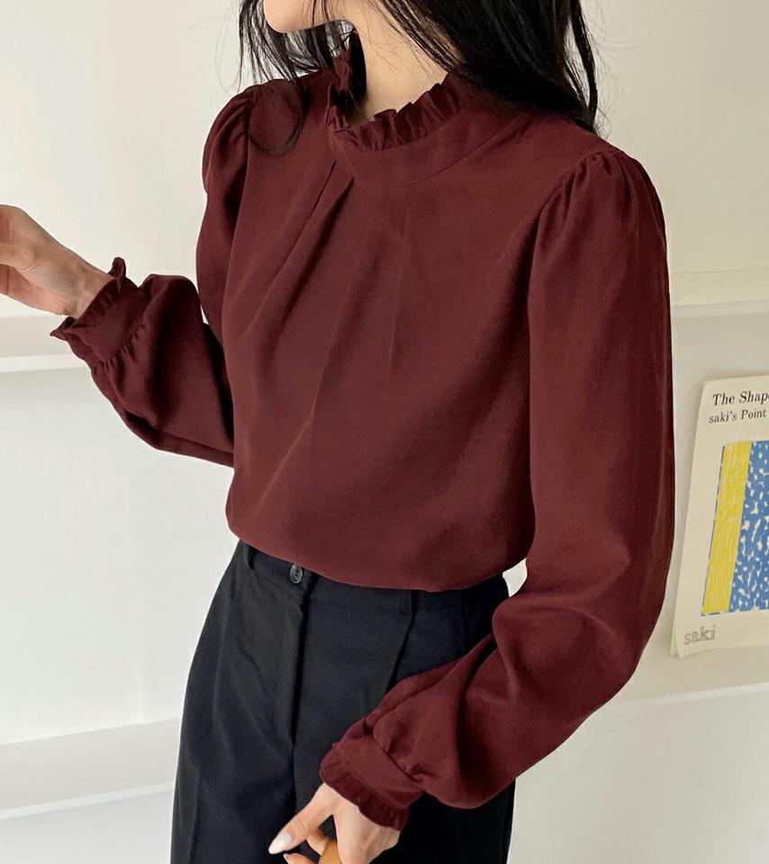 フリルハーフネックブラウス・全3色・t63159 レディース 【bl】韓国ファッション トップス ブラウス 長袖 ハーフネック フリル ギャザー 無地 ベーシック シンプル 体型カバー ガーリー カジュアル 秋 冬