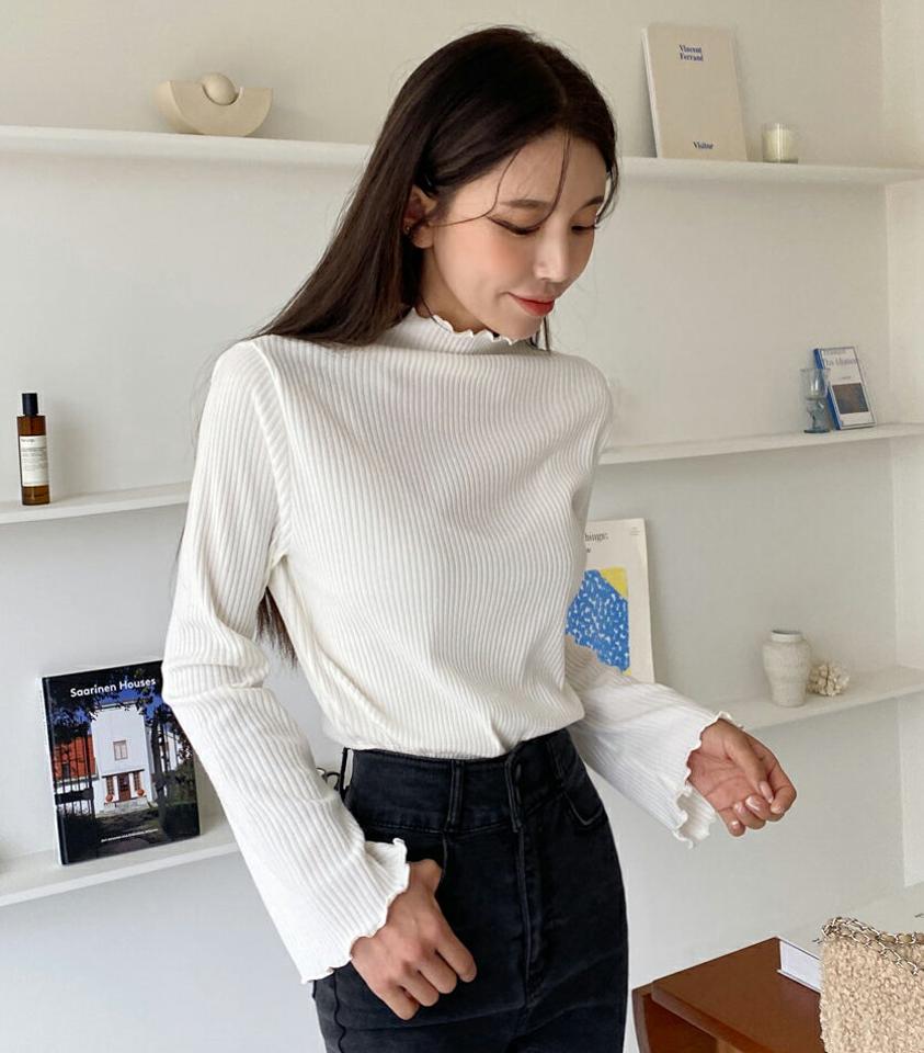 リブハーフネックウェーブニット・全5色・t63140 レディース 【tops】韓国ファッション トップス ニット 年上 大人 長袖 ハーフネック ウェーブ リブ 無地 ベーシック シンプル ルーズ フェミニン 秋 冬