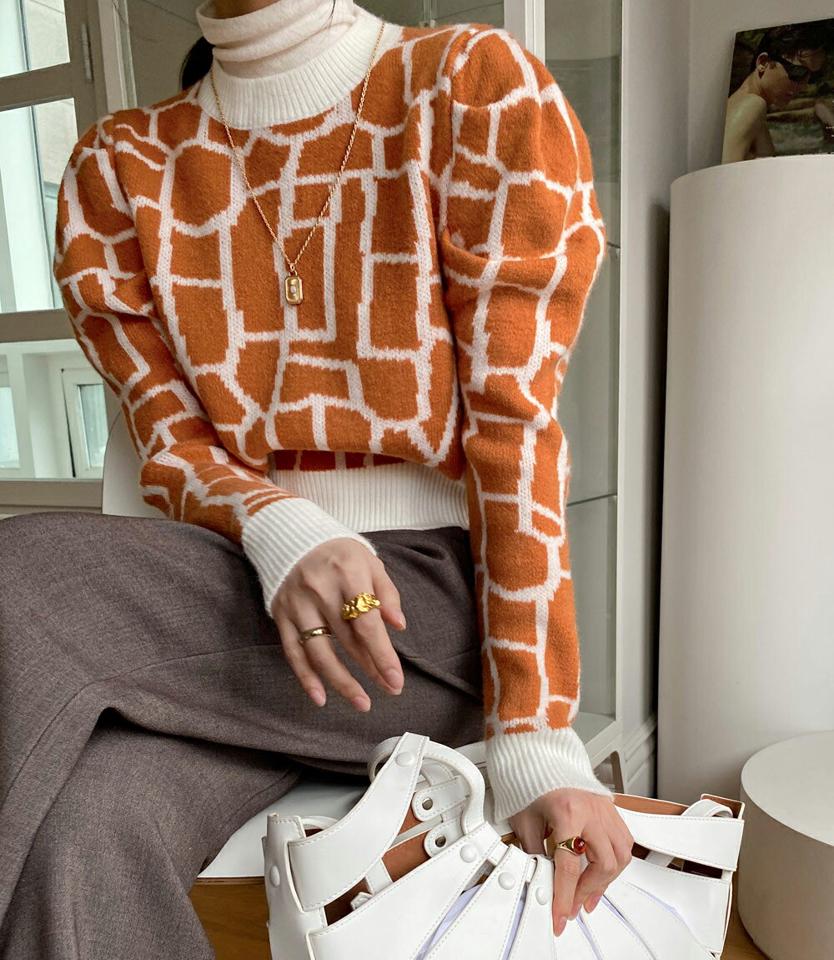 クロコパターンパフニット・全2色・b00302 レディース 【tops】トップス ニット 長袖 パフスリーブ パフ袖 総柄 アニマル柄 カジュアル クロップド丈 柄ニット ニットトップス カラーニット 秋 冬 韓国ファッション HIHOLLI