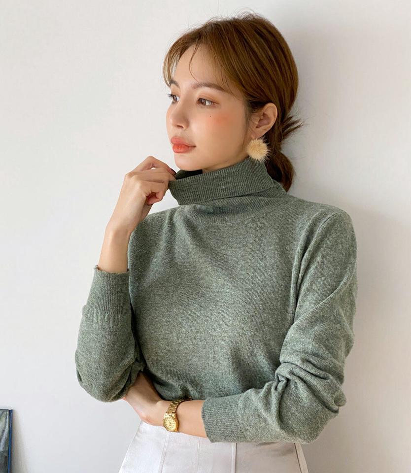 カシミヤ混タートルネックニット・全6色・t00303 レディース 【tops】トップス ニット 長袖 タートルネック 単色 無地 シンプル ベーシック 大人 きれいめ カシミヤ リブ ニットトップス メランジ 秋 冬 韓国ファッション ハイホリHIHOLLI
