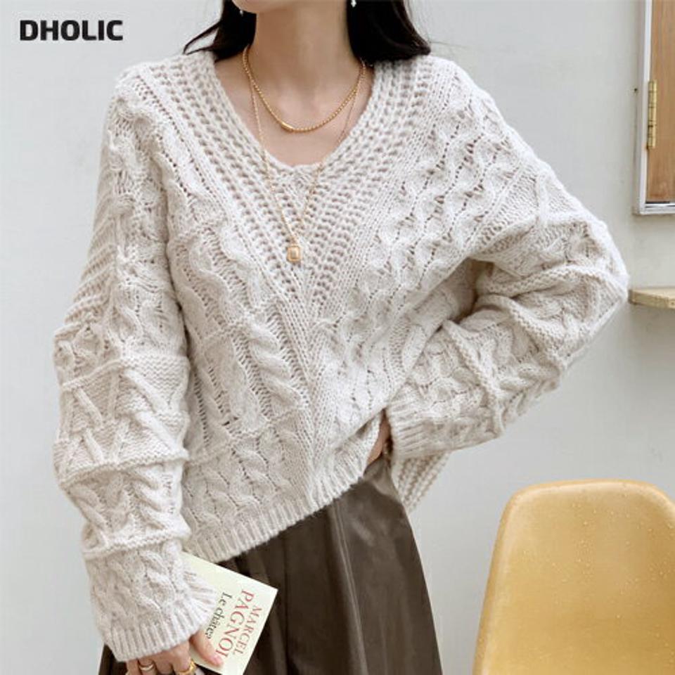 Vネックパターン編みニット・全3色・t00304 レディース 【tops】トップス ニット 長袖 Vネック ルーズ ゆったり ツイスト シンプル カジュアル ラフ 秋 冬 韓国ファッション ハイホリHIHOLLI