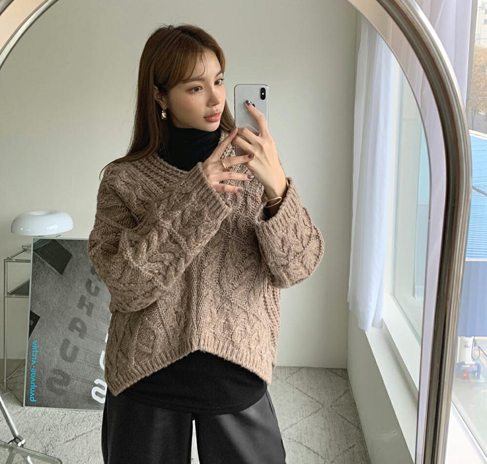 Vネックパターン編みニット・全3色・t00304 レディース 【tops】トップス ニット 長袖 Vネック ルーズ ゆったり ツイスト シンプル カジュアル ラフ 秋 冬 韓国ファッション ハイホリHIHOLLI