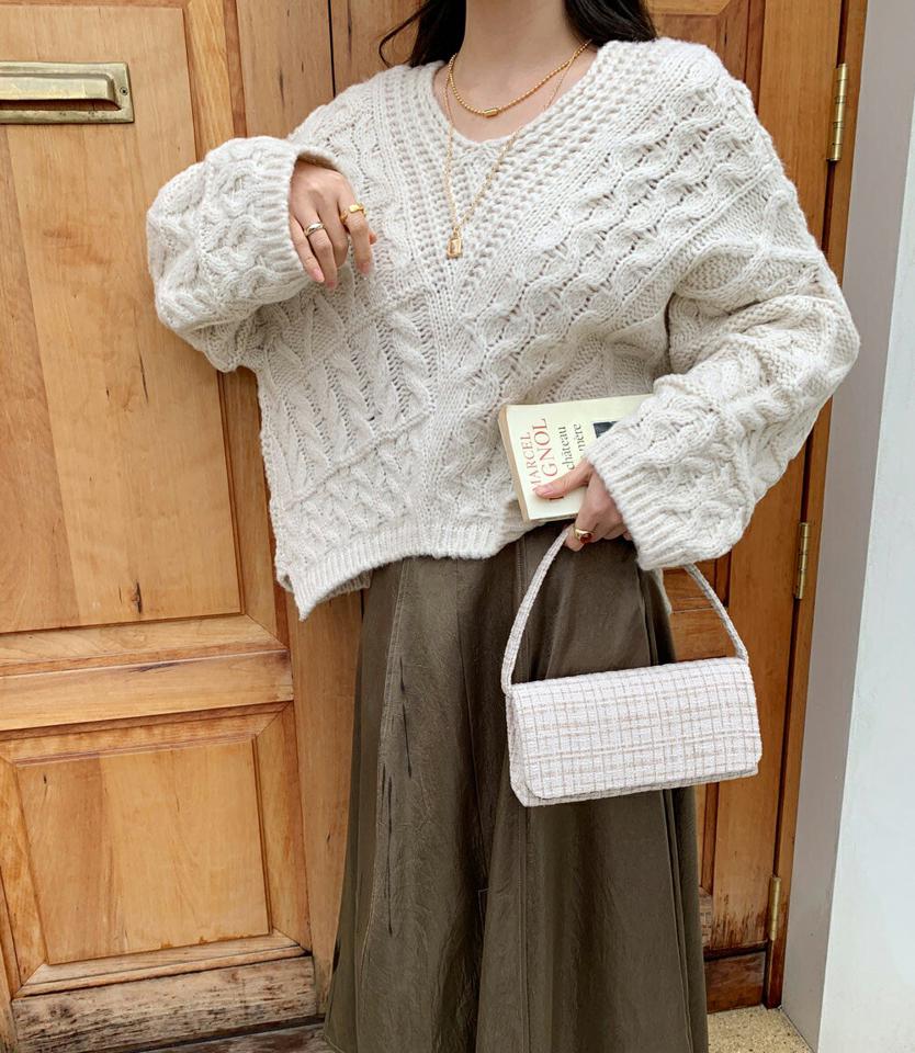 Vネックパターン編みニット・全3色・t00304 レディース 【tops】トップス ニット 長袖 Vネック ルーズ ゆったり ツイスト シンプル カジュアル ラフ 秋 冬 韓国ファッション ハイホリHIHOLLI