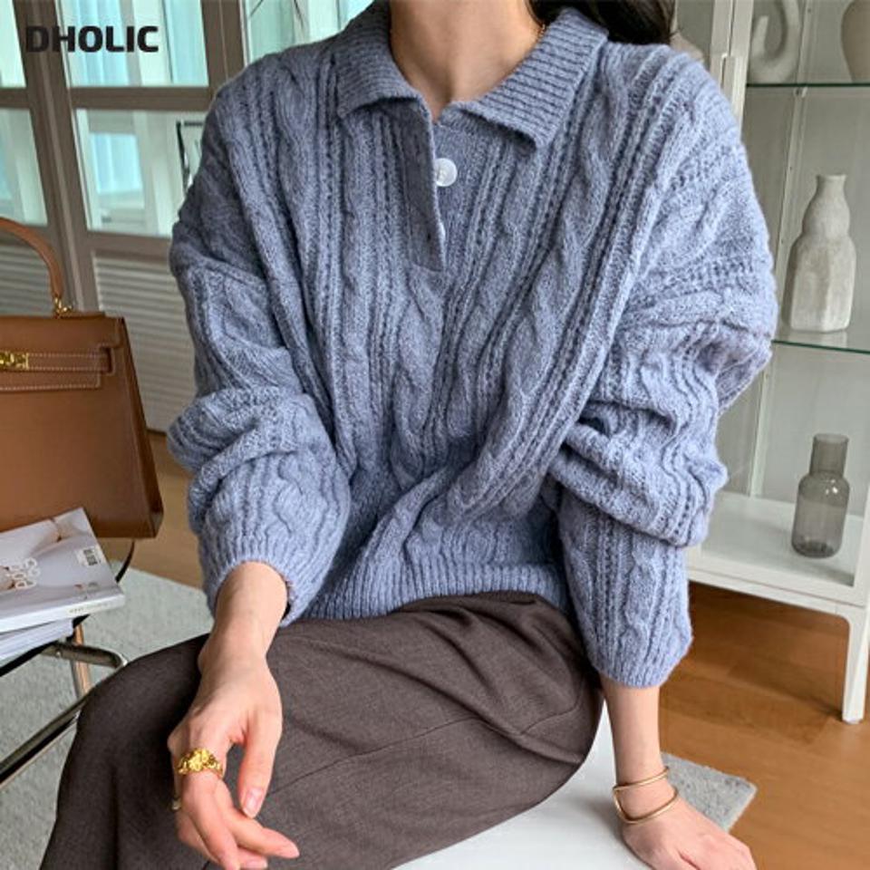 ポロカラーツイストニット・全6色・t00305 レディース 【tops】トップス ニット 長袖 ポロ襟 ツイスト 編み シンプル 単色 カジュアル ラフ ルーズ ニットトップス 秋 冬 韓国ファッション ハイホリHIHOLLI 年上