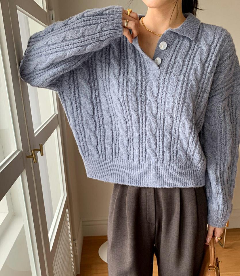 ポロカラーツイストニット・全6色・t00305 レディース 【tops】トップス ニット 長袖 ポロ襟 ツイスト 編み シンプル 単色 カジュアル ラフ ルーズ ニットトップス 秋 冬 韓国ファッション ハイホリHIHOLLI 年上