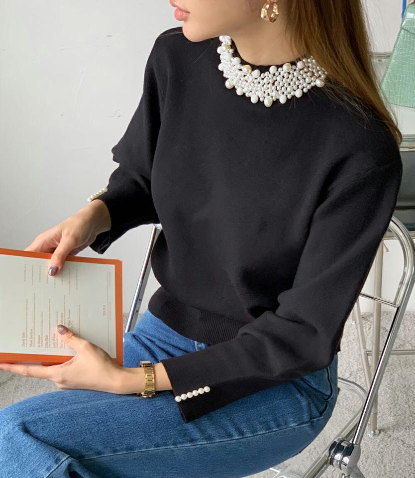 ≪人気商品再入荷≫パール調ネックニット・全3色・b00308 レディース 【tops】トップス ニット 長袖 パール フェミニン 上品 大人 きれいめ かわいい ニットトップス カラーニット 緑 グリーン 秋 冬 クリスマス 韓国ファッション ハイホリHIHOLLI
