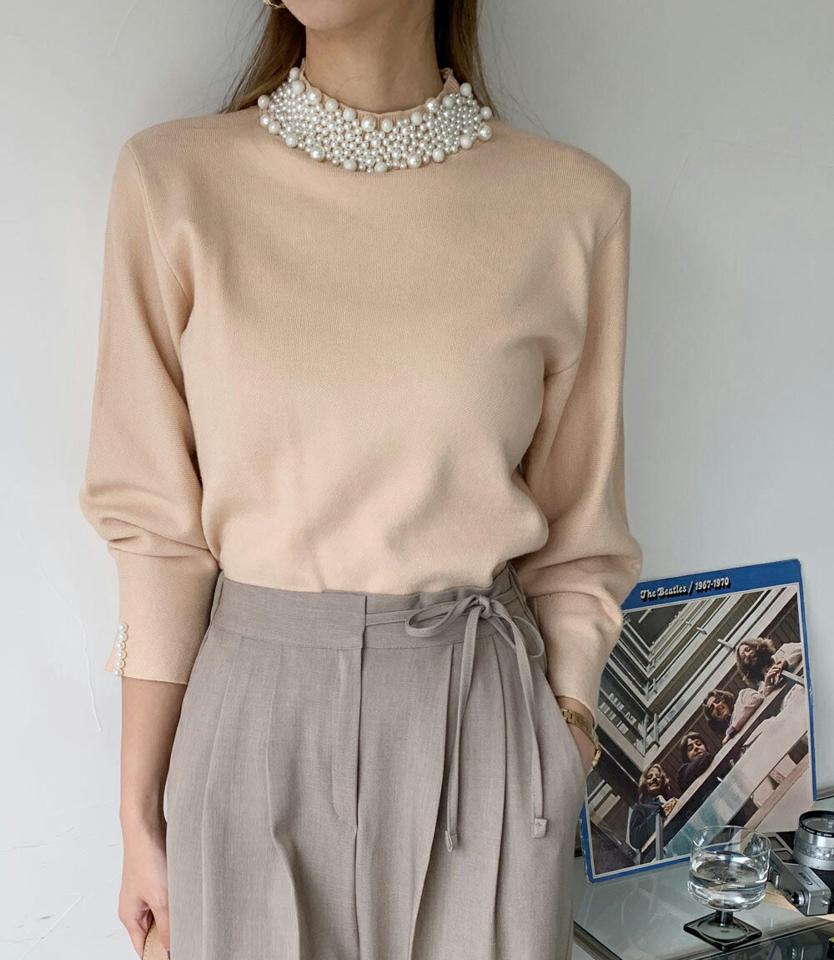≪人気商品再入荷≫パール調ネックニット・全3色・b00308 レディース 【tops】トップス ニット 長袖 パール フェミニン 上品 大人 きれいめ かわいい ニットトップス カラーニット 緑 グリーン 秋 冬 クリスマス 韓国ファッション ハイホリHIHOLLI