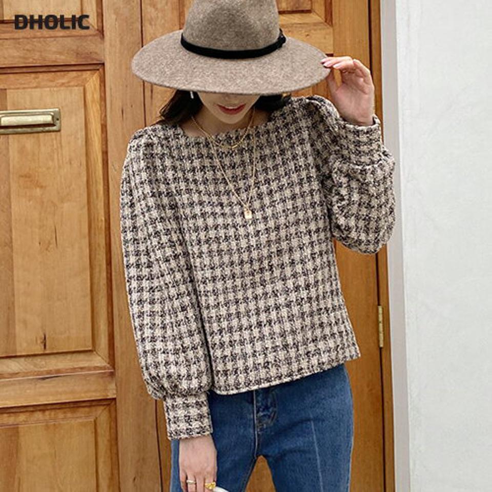 スクエアツイードチェックブラウス・全2色・t00309 レディース 【bl】トップス ブラウス 長袖 ツイード チェック柄 スクエアネック 大人 フェミニン パフ袖 パフスリーブ 秋 冬 韓国ファッション ハイホリHIHOLLI