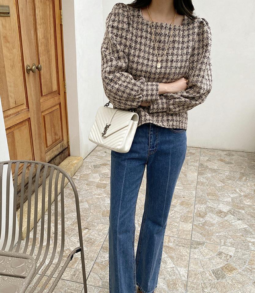 スクエアツイードチェックブラウス・全2色・t00309 レディース 【bl】トップス ブラウス 長袖 ツイード チェック柄 スクエアネック 大人 フェミニン パフ袖 パフスリーブ 秋 冬 韓国ファッション ハイホリHIHOLLI