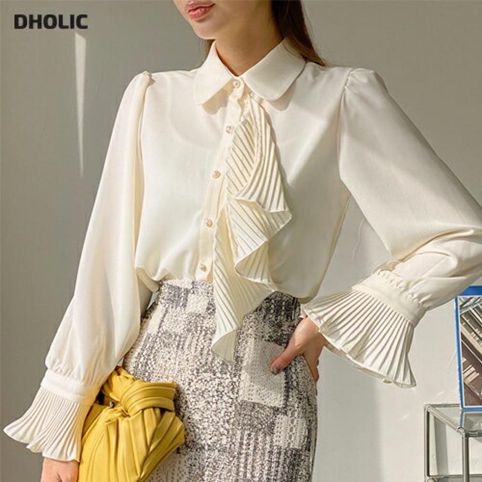 プリーツラッフルブラウス・全2色・t00310 レディース 【bl】トップス ブラウス 長袖 ラッフル プリーツ フェミニン 上品 ユニーク 個性的 大人 秋 冬 韓国ファッション ハイホリHIHOLLI