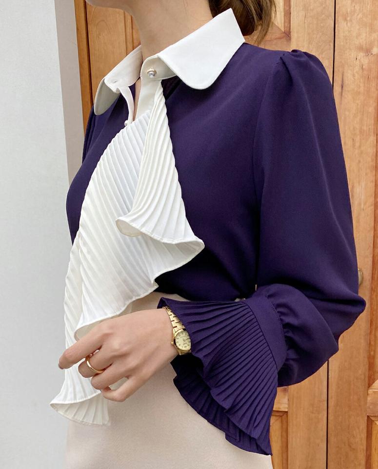 プリーツラッフルブラウス・全2色・t00310 レディース 【bl】トップス ブラウス 長袖 ラッフル プリーツ フェミニン 上品 ユニーク 個性的 大人 秋 冬 韓国ファッション ハイホリHIHOLLI