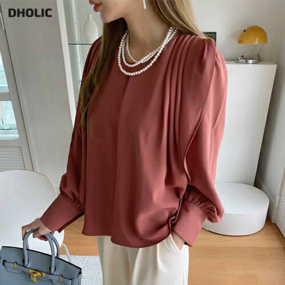 ドレープラウンドネックブラウス・全3色・b00311 レディース 【bl】トップス ブラウス 長袖 ドレープ 単色 無地 シンプル フェミニン 上品 フレア レディ きれいめ 秋 冬 韓国ファッション ハイホリHIHOLLI