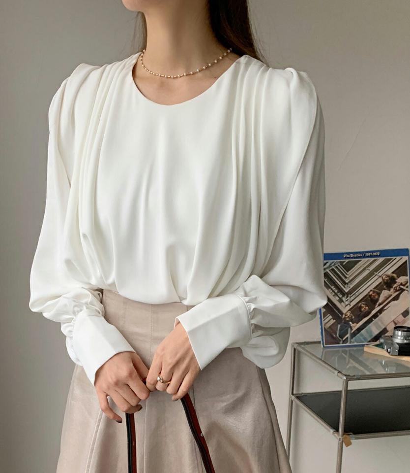 ドレープラウンドネックブラウス・全3色・b00311 レディース 【bl】トップス ブラウス 長袖 ドレープ 単色 無地 シンプル フェミニン 上品 フレア レディ きれいめ 秋 冬 韓国ファッション ハイホリHIHOLLI