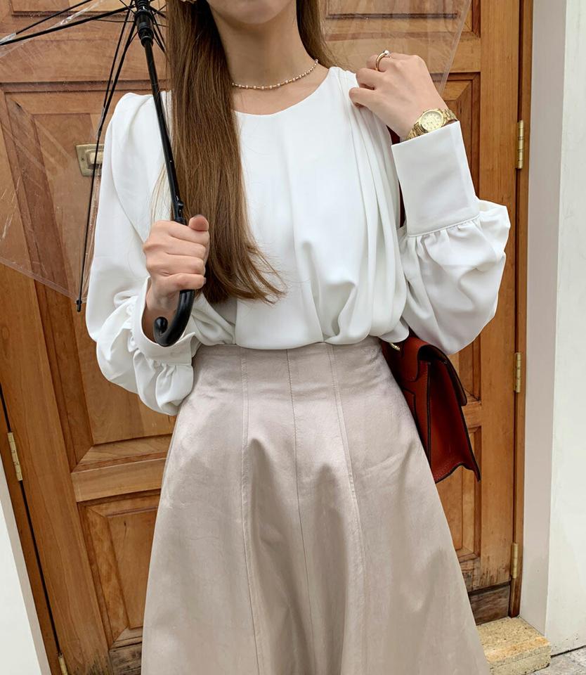 ドレープラウンドネックブラウス・全3色・b00311 レディース 【bl】トップス ブラウス 長袖 ドレープ 単色 無地 シンプル フェミニン 上品 フレア レディ きれいめ 秋 冬 韓国ファッション ハイホリHIHOLLI