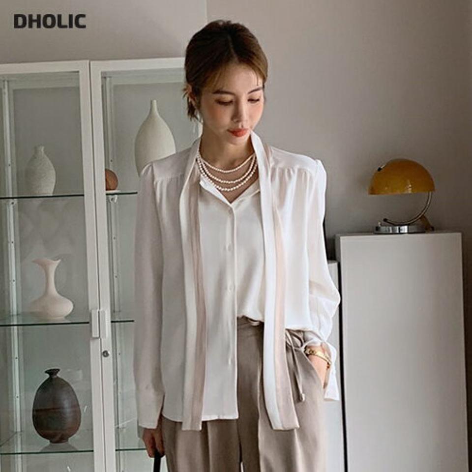 【スーパーセール特価】≪人気商品再入荷≫配色ボウタイブラウス・b00312 レディース 【bl】トップス ブラウス ボウタイ 長袖 配色 単色 シンプル シルキー 上品 大人 タイ 秋 冬 韓国ファッション ハイホリHIHOLLI