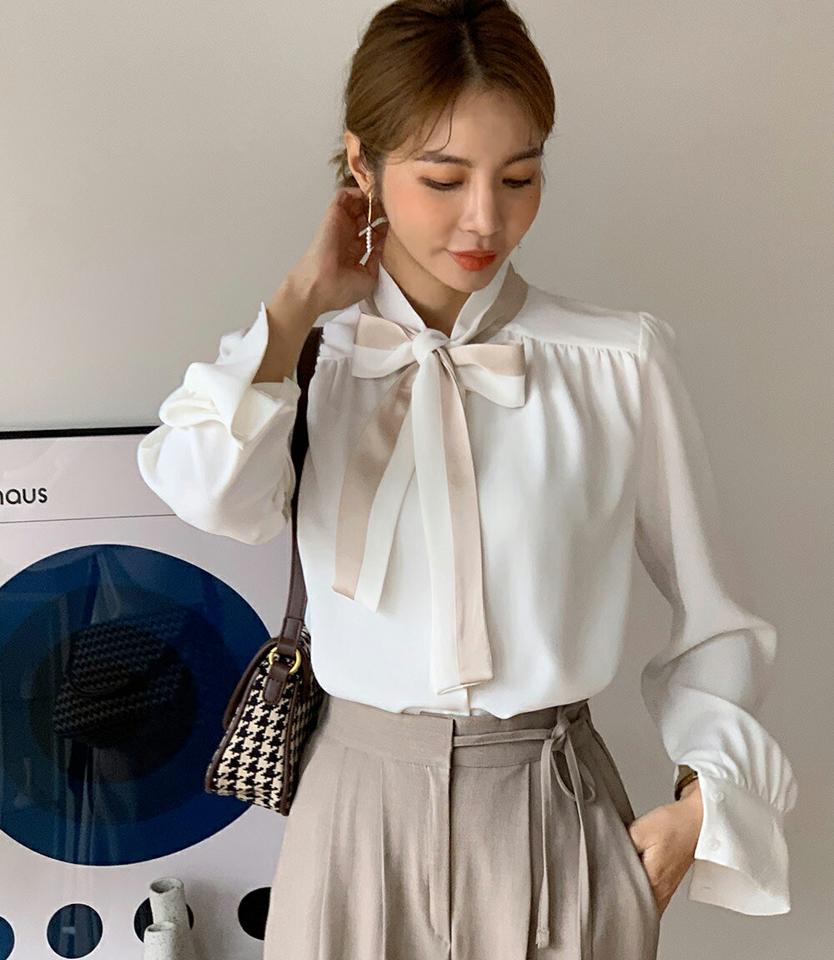 【スーパーセール特価】≪人気商品再入荷≫配色ボウタイブラウス・b00312 レディース 【bl】トップス ブラウス ボウタイ 長袖 配色 単色 シンプル シルキー 上品 大人 タイ 秋 冬 韓国ファッション ハイホリHIHOLLI
